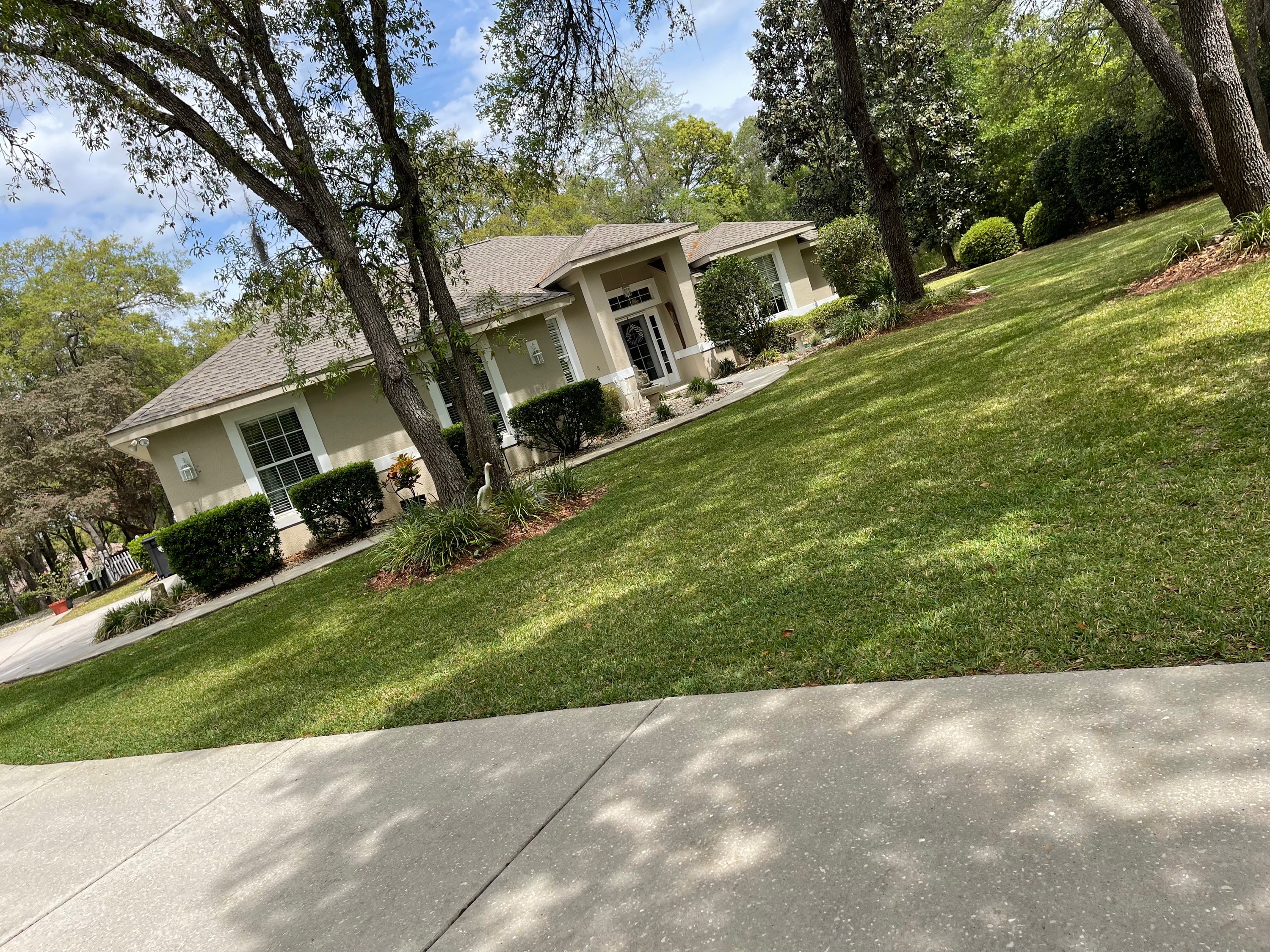 Elegant stucco home on hillside with sweeping bright green lawn and mature oak trees