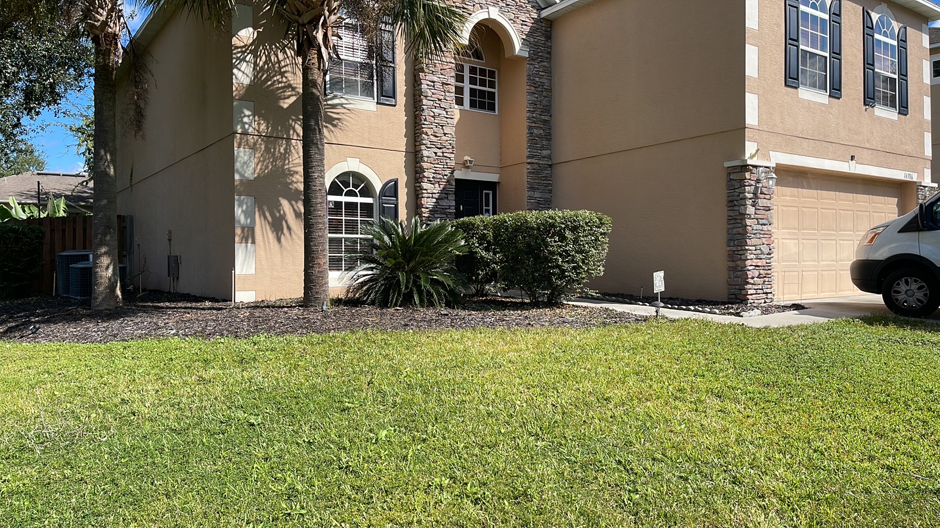 Large two-story stucco home with tall palms, maintained shrub beds, and green lawn