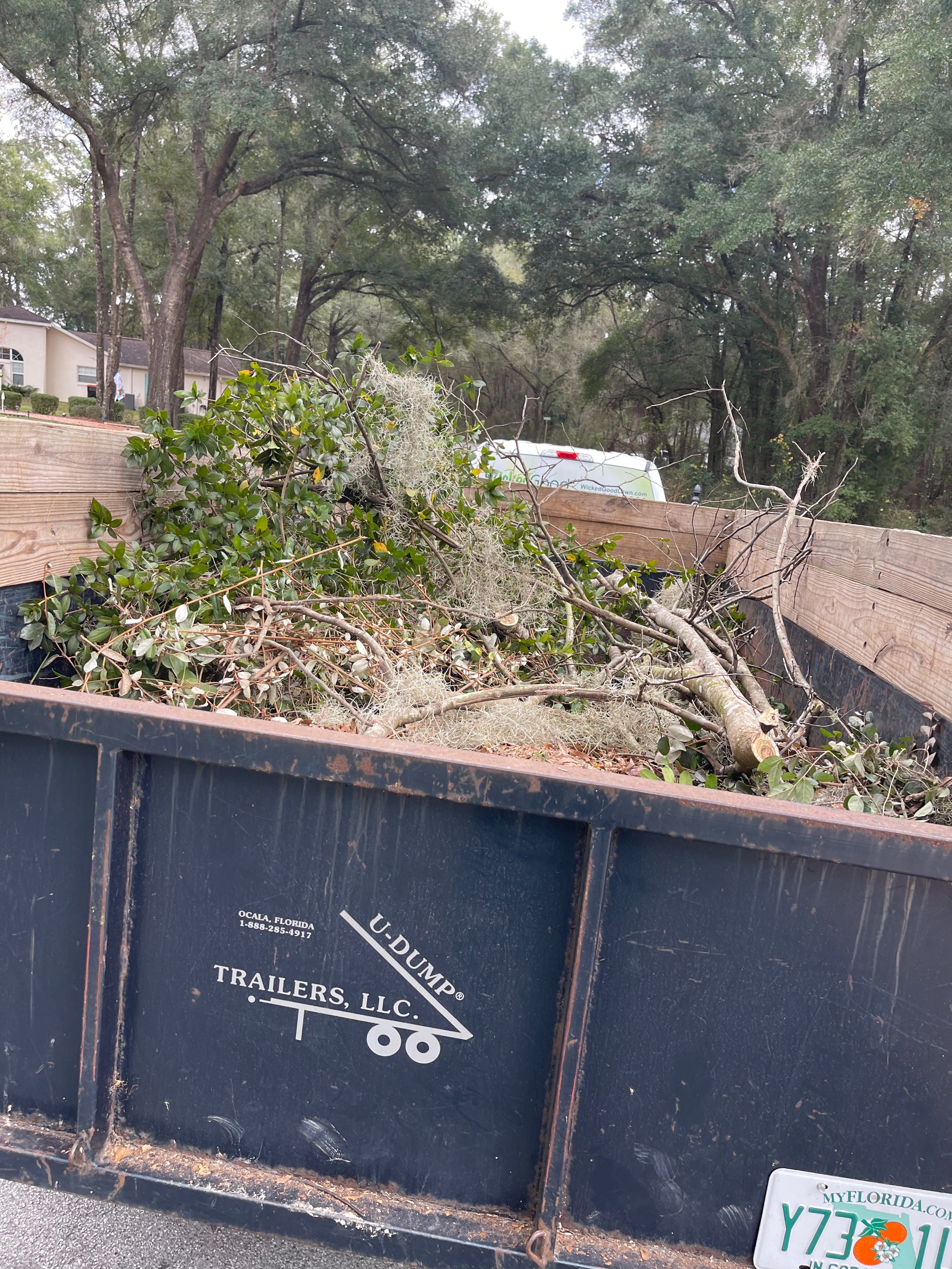 Crew loading brush and debris clippings into a trailer