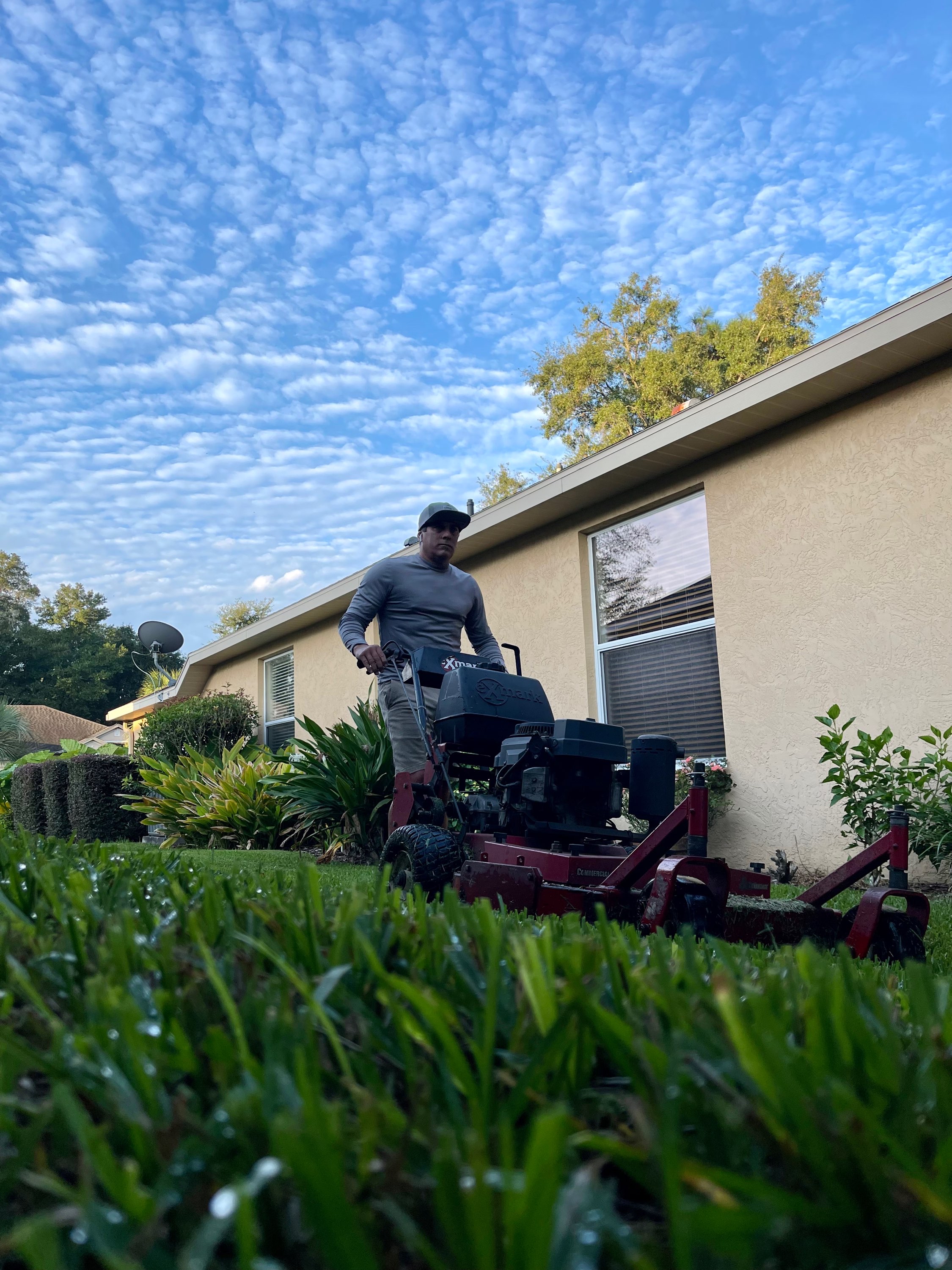 Stand-on mower at dramatic low angle on a Florida residential lawn
